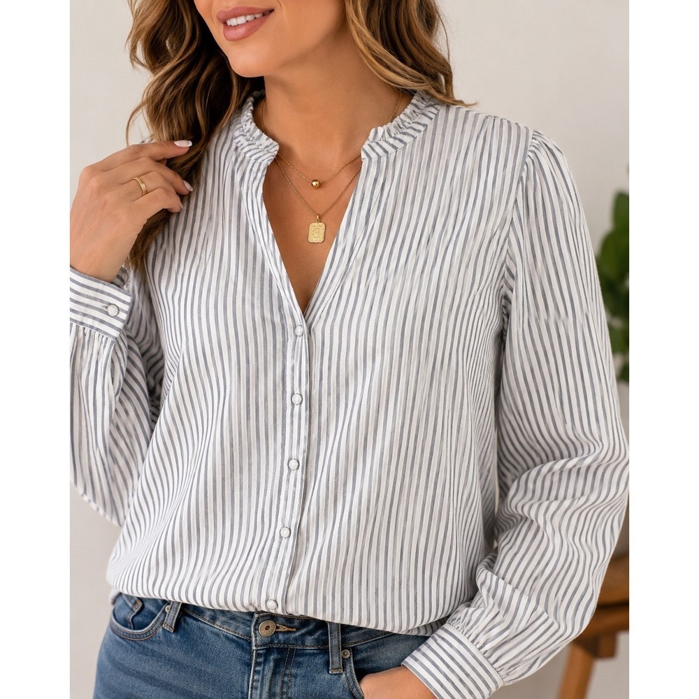 Knox Rose Striped Button Front Blouse Long Sleeve Cotton Rayon Women's L